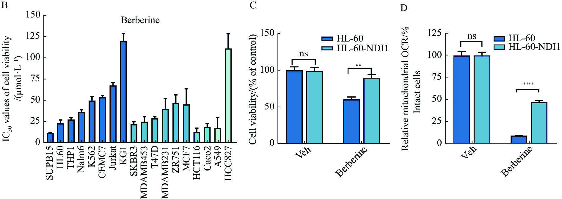 AML cells are susceptible to suppression of OXPHOS. (A) The mean IC50  values (n = 3) and ratio of berberine inhibiting leukemia (HL-60, KG-1,  THP-1, CEM-C7, Nalm6, SupB15, Jurkat and K562), breast